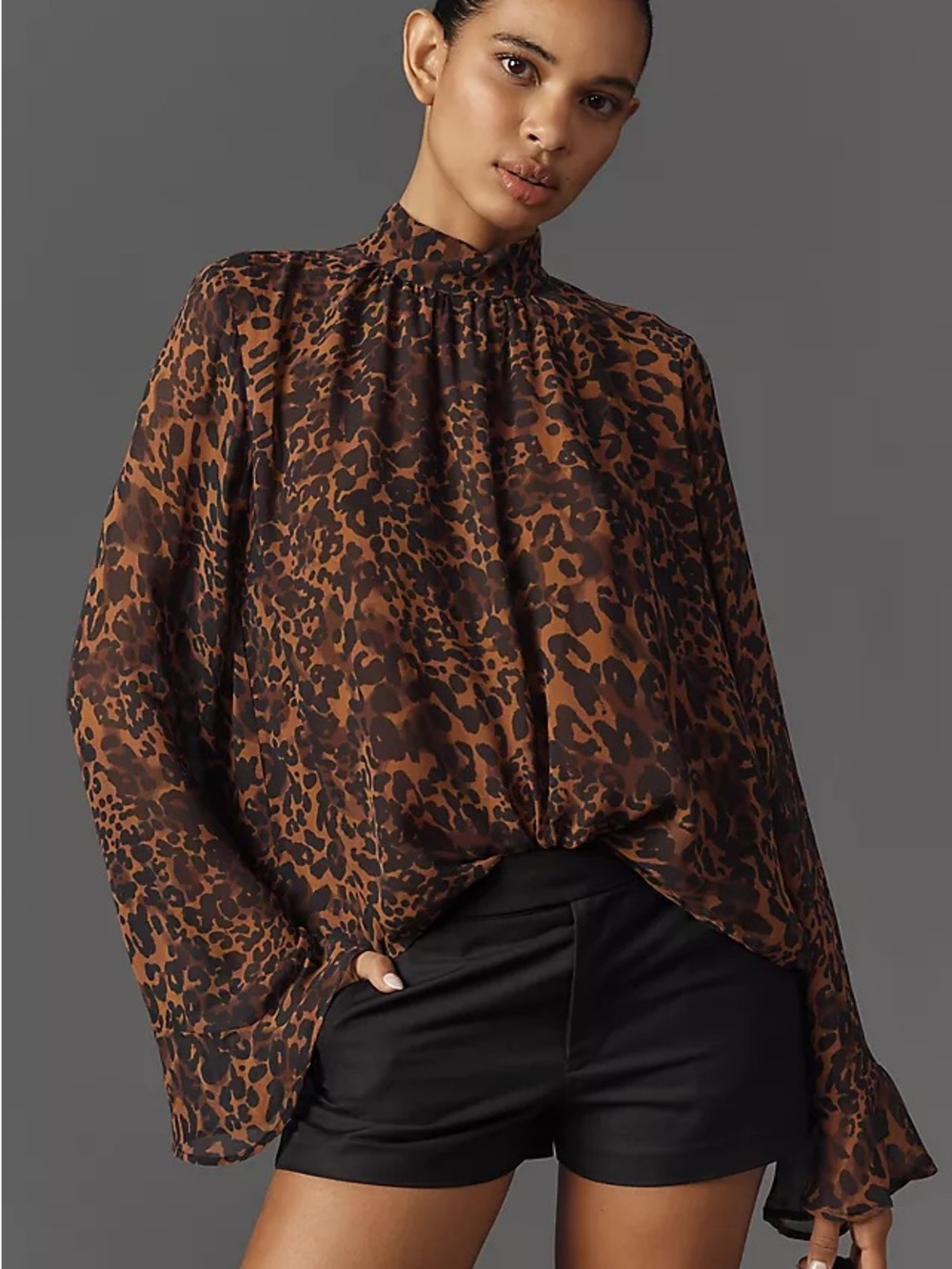 Anthropologie Maeve Long-Sleeve Mock-Neck Sheer Swing Blouse